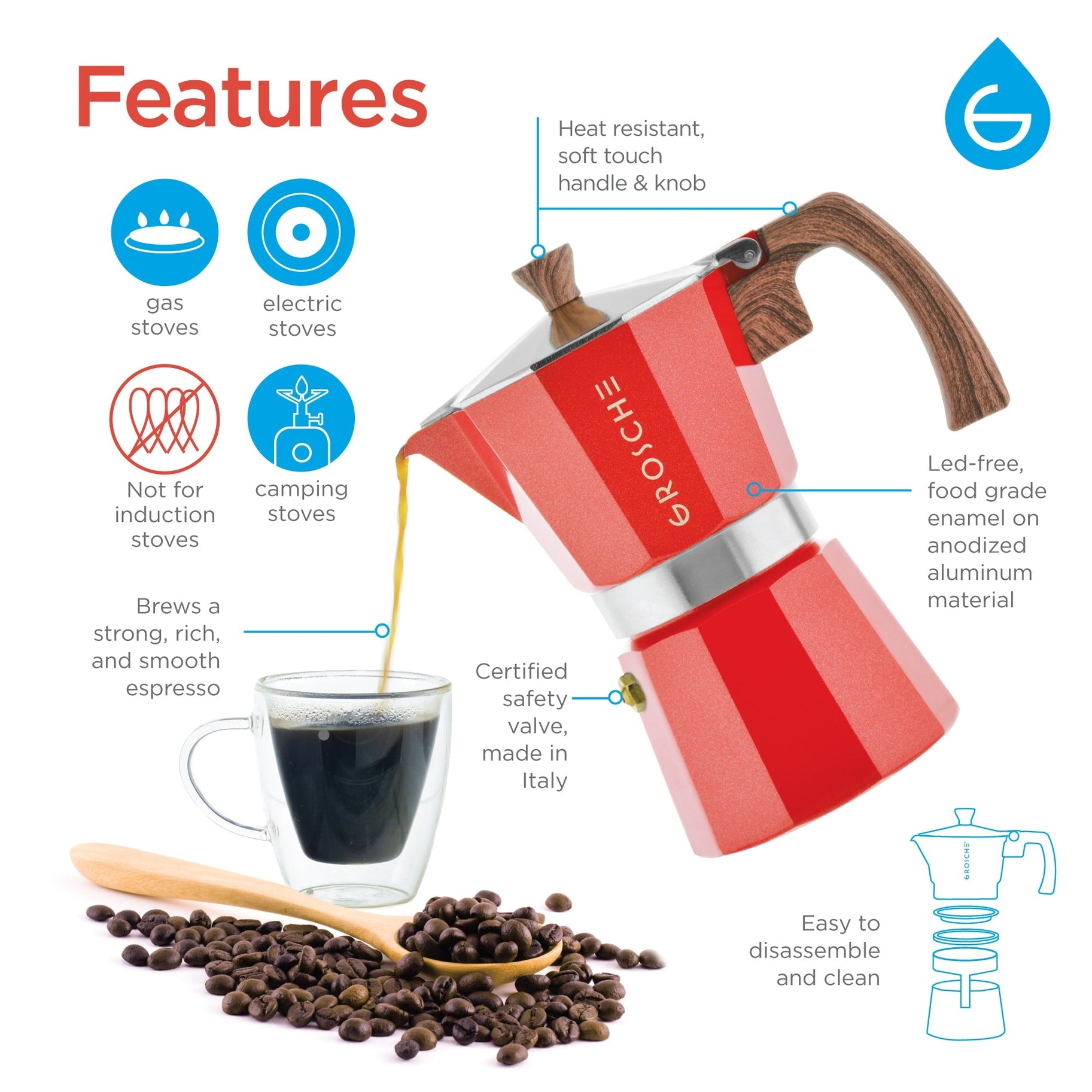 Stovetop Espresso Maker 6 Cup - Red