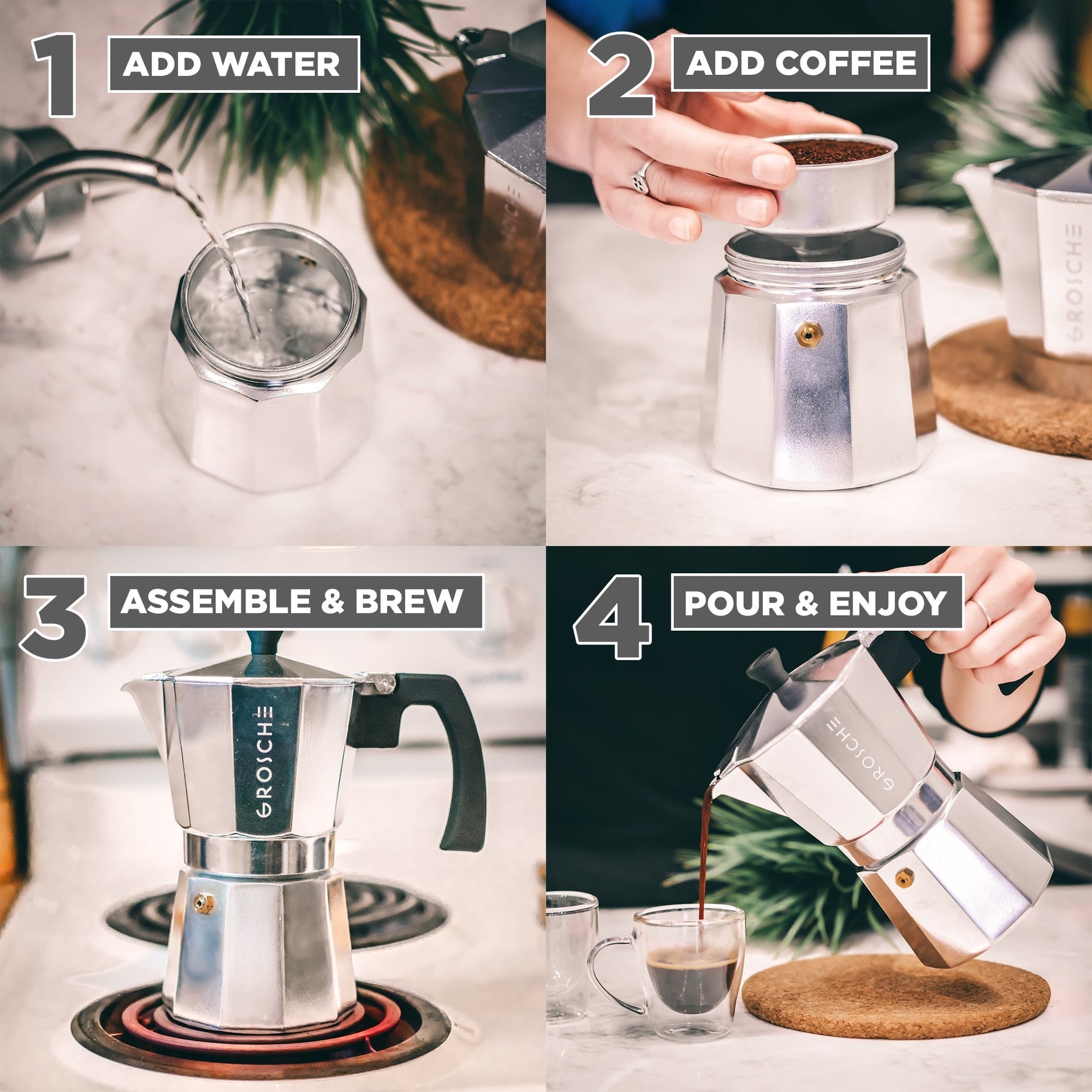 Grosche Milano Stovetop Espresso 3-Cup Moka Pot Coffee Maker, Silver