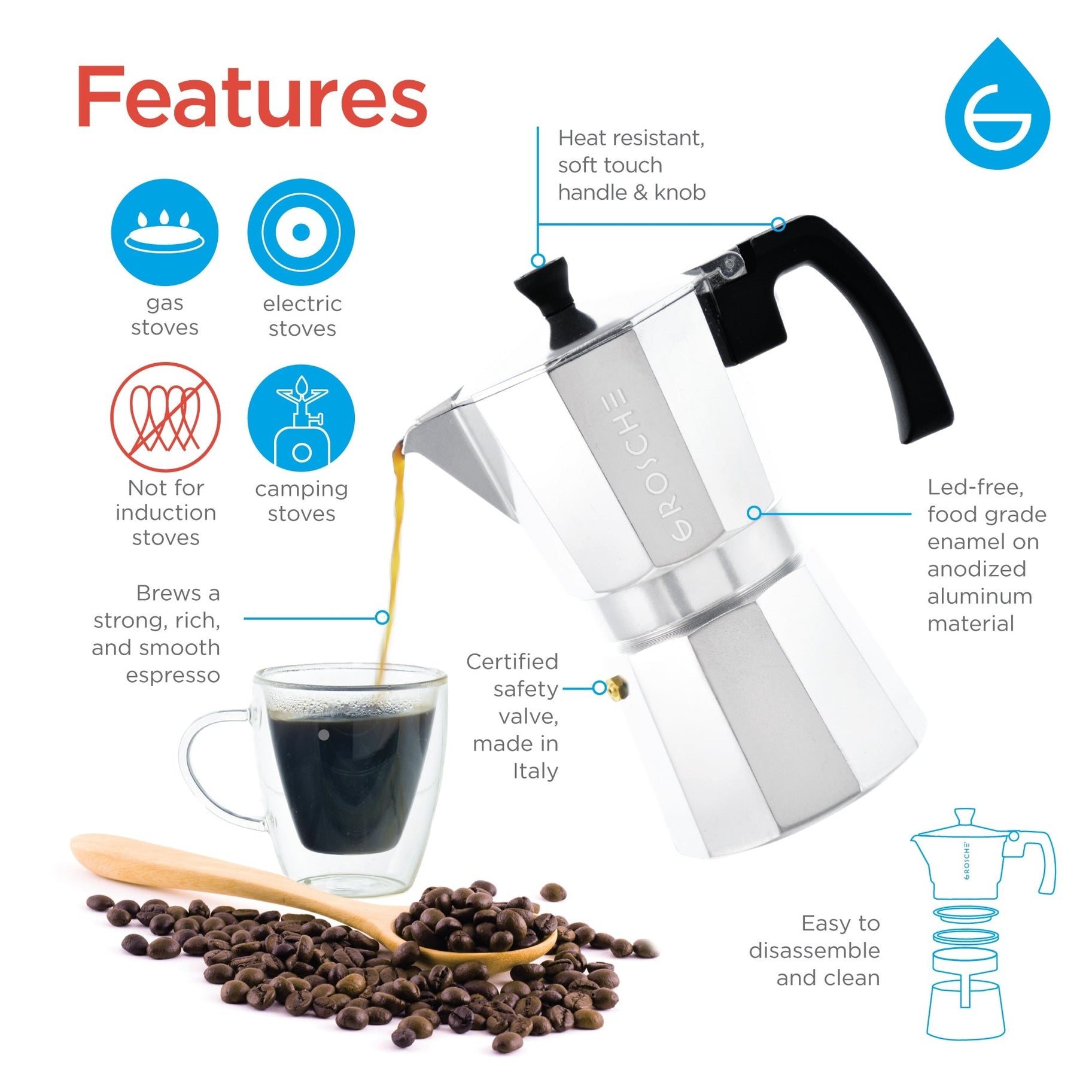 Grosche Milano Stovetop Espresso 3-Cup Moka Pot Coffee Maker, Silver