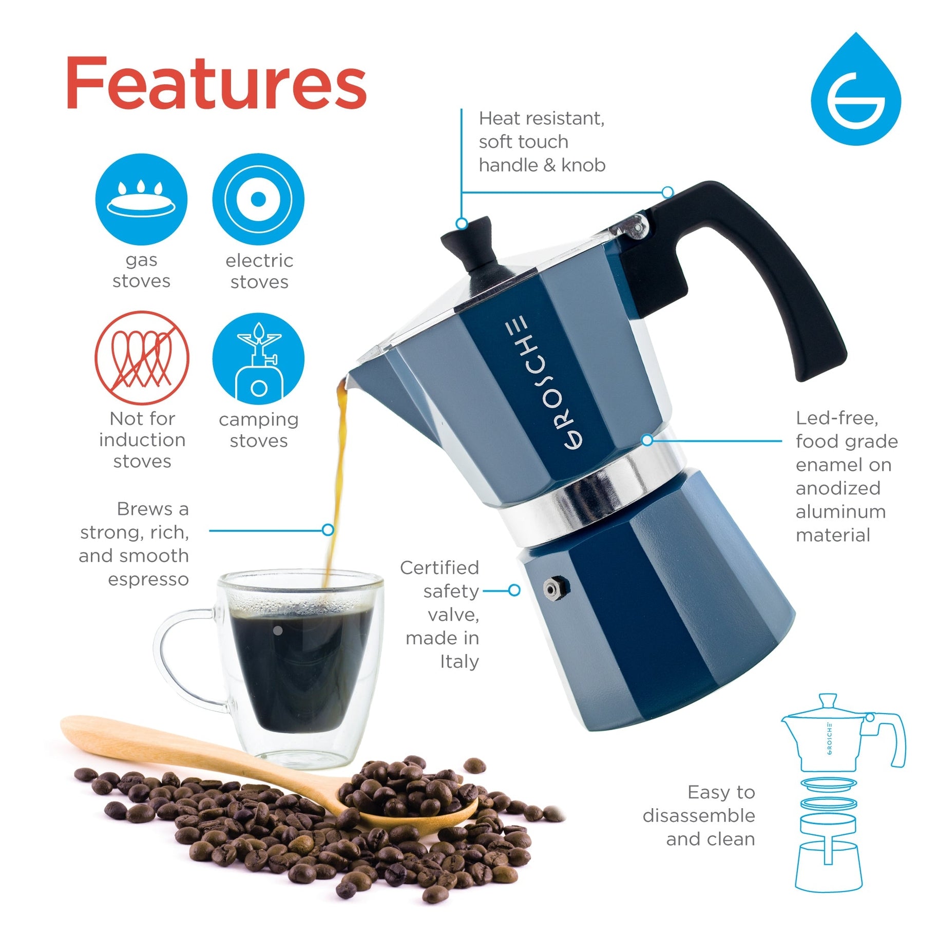 Stovetop Espresso Maker 9 Cup - Blue