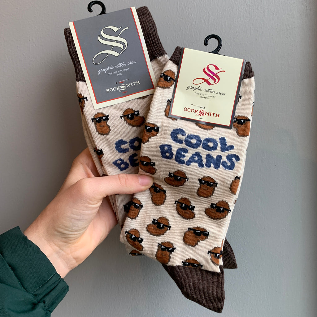 Parquet Men's Coffee Cups & Beans Novelty Crew Socks – Black, Mid Calf, 1 Pair